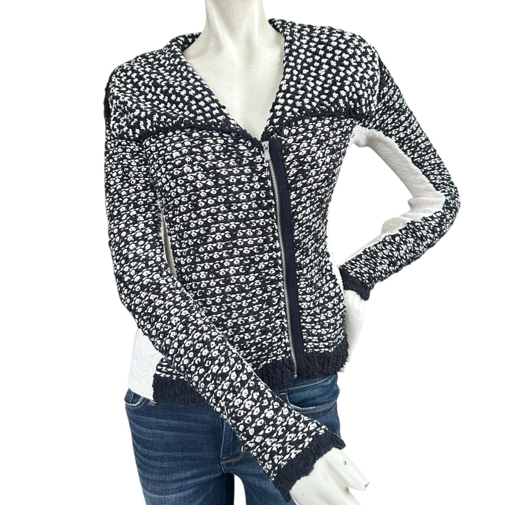 Anthropologie Black & White Knit Wool Blend Moto Zip Up Cardigan Sweater XS